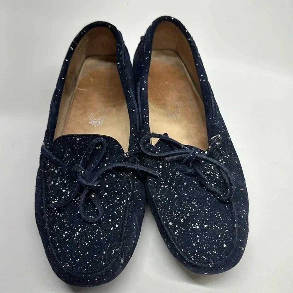 Tods Driving Moccasins Loafers Suede Leather Paint Splatter Navy Blue Size 7.5